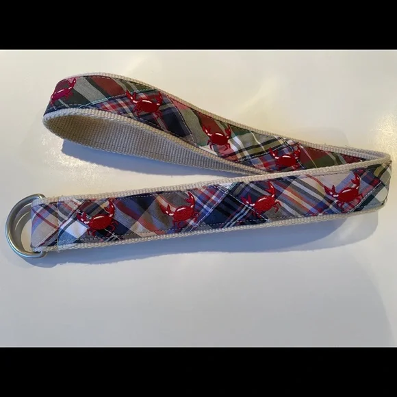 L.L.Bean D Ring Belt, fun red crabs on a plaid background, size M/L - Picture 1 of 6